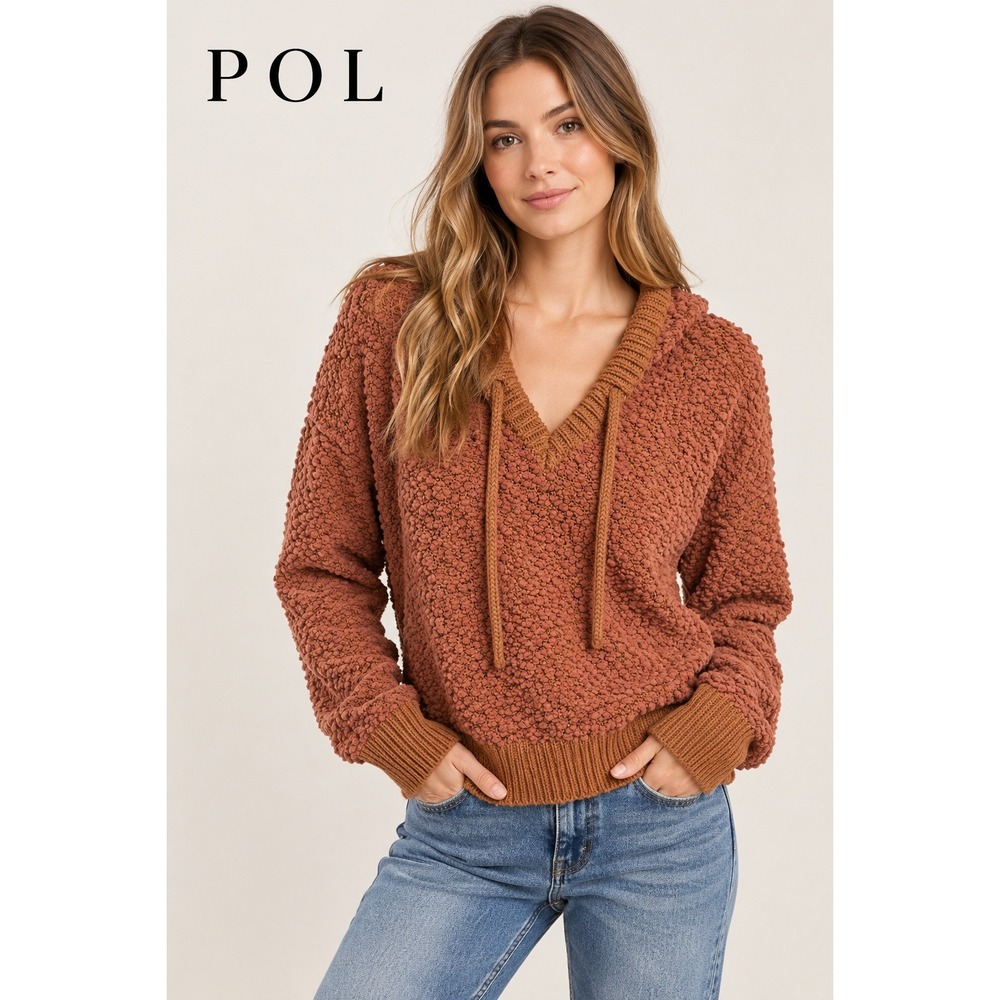 POL Clothing Popcorn Knit Hoodie Sweater Rust Orange V-Neck Boho Size Small